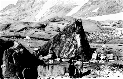 Skaergaard as it was - skin tent with young Greenlanders during the Wager and Deer expedition of 1935-36.