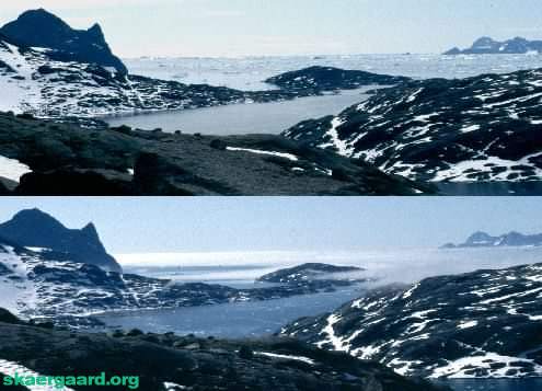 Sea mist moving in over the Skaergaard Peninsula during the late afternoon